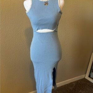Sleeveless Light Blue Ribbed Cutout Midi Dress
